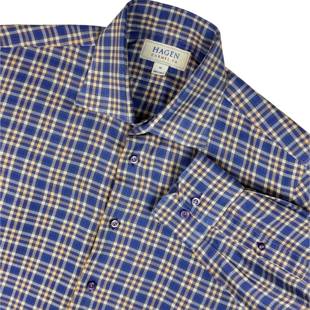 Hagen Carmel CA Plaid Button Up Shirt Preppy Mens M Blue Yellow Office Timeless